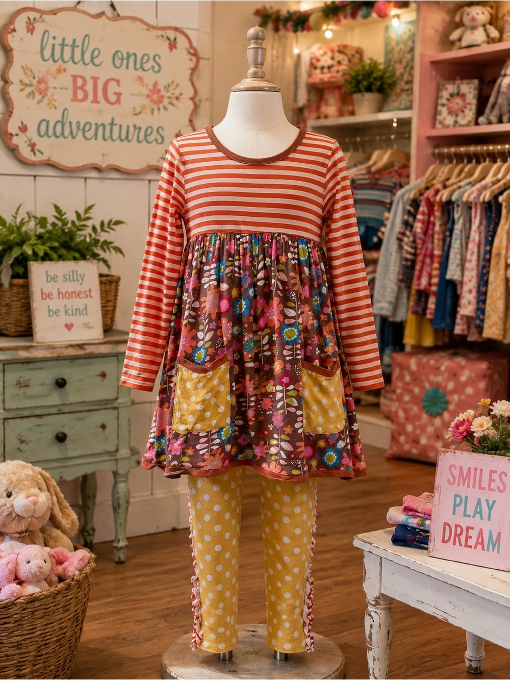 Jelly The Pug Orange Striped Floral Tunic with Yellow Polka Dot Leggings